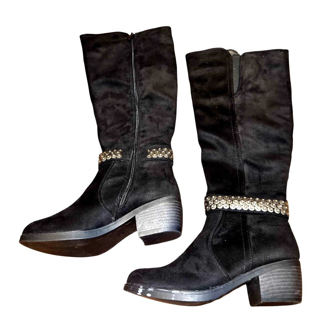 Global Win 6 Black Women's Knee Length Riding Boots Shoes Silver Trim